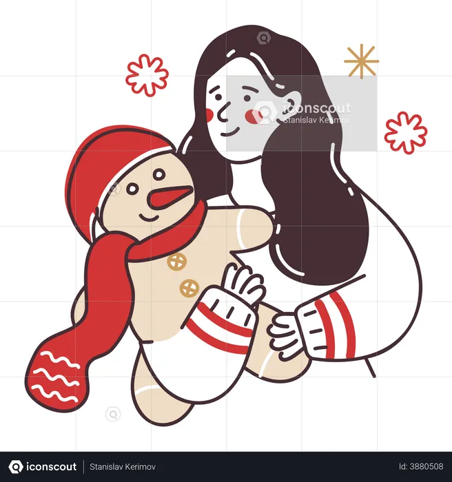 Menina com brinquedo de boneco de neve  Ilustração