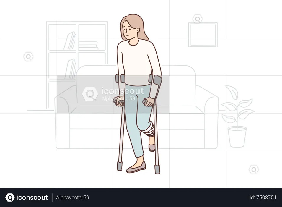 Menina com perna fraturada andando com bengala  Ilustração