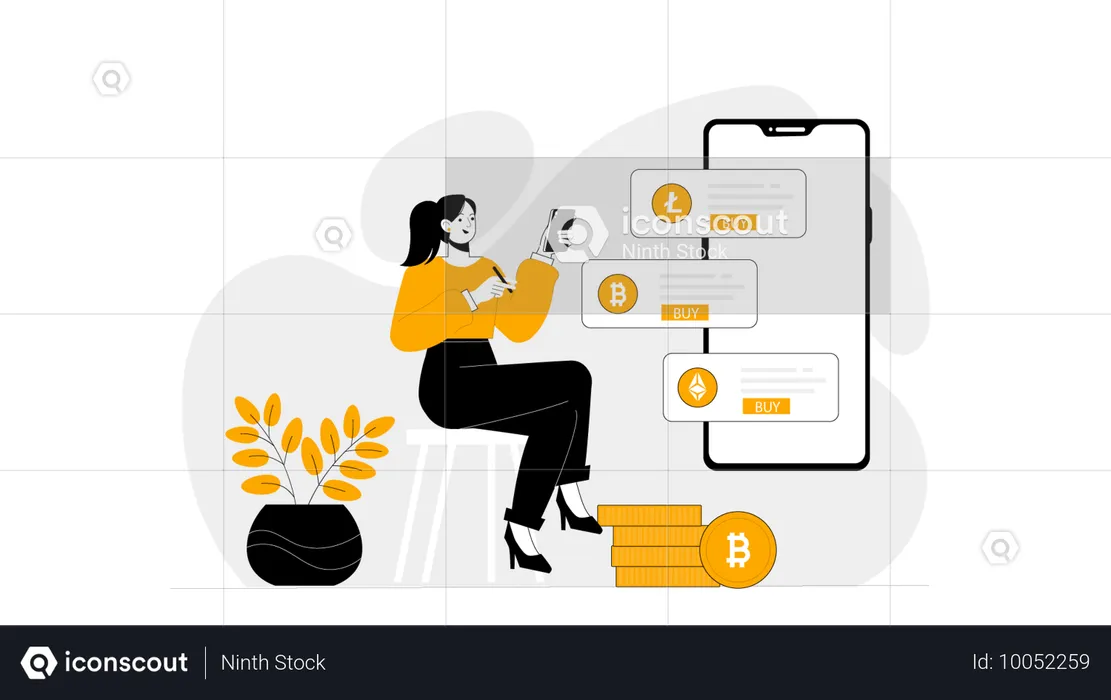 Menina comprando criptomoeda usando aplicativo móvel  Ilustração