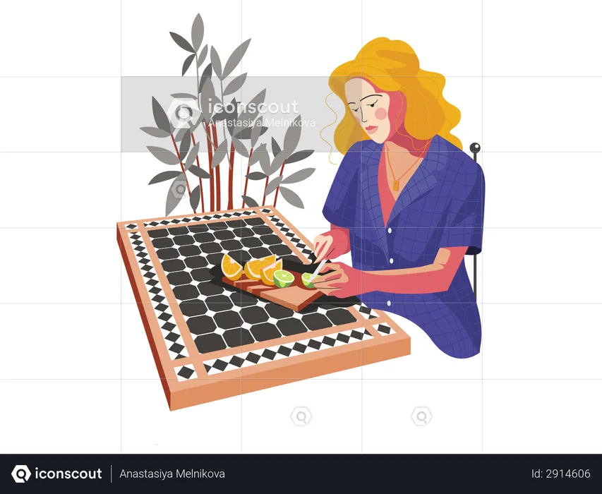 Menina cortando frutas  Ilustração