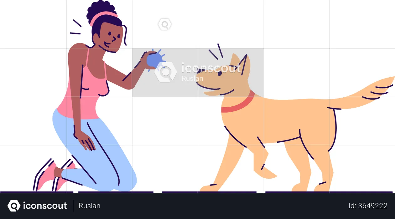 Menina dando treinamento de bola para cachorro  Ilustração