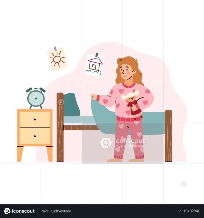 Menina de pijama rosa indo dormir  Ilustração