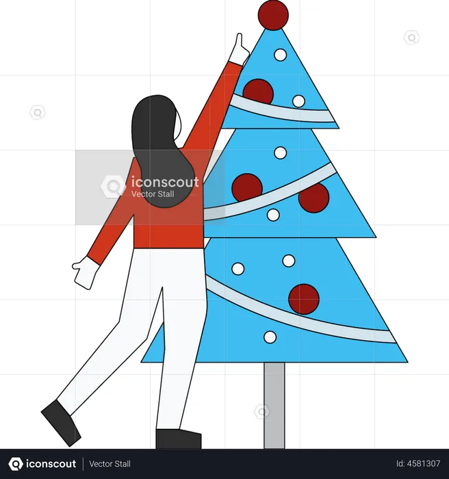 Menina decorando árvore de natal  Ilustração