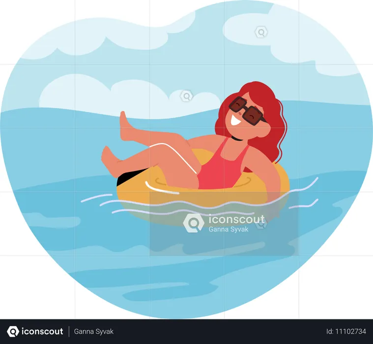 Menina deitada em um anel inflável no mar  Illustration