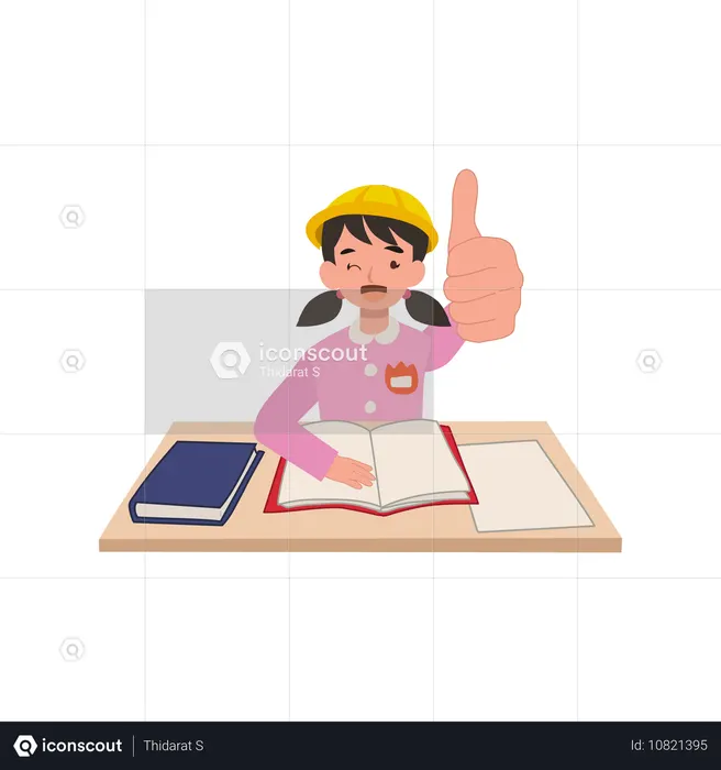 Menina do jardim de infância em uniforme escolar sentada na mesa dando polegares para cima em sala de aula alegre  Ilustração
