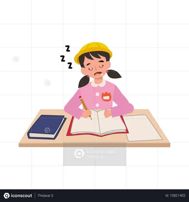 Menina do jardim de infância em uniforme japonês dormindo na mesa da sala de aula  Ilustração