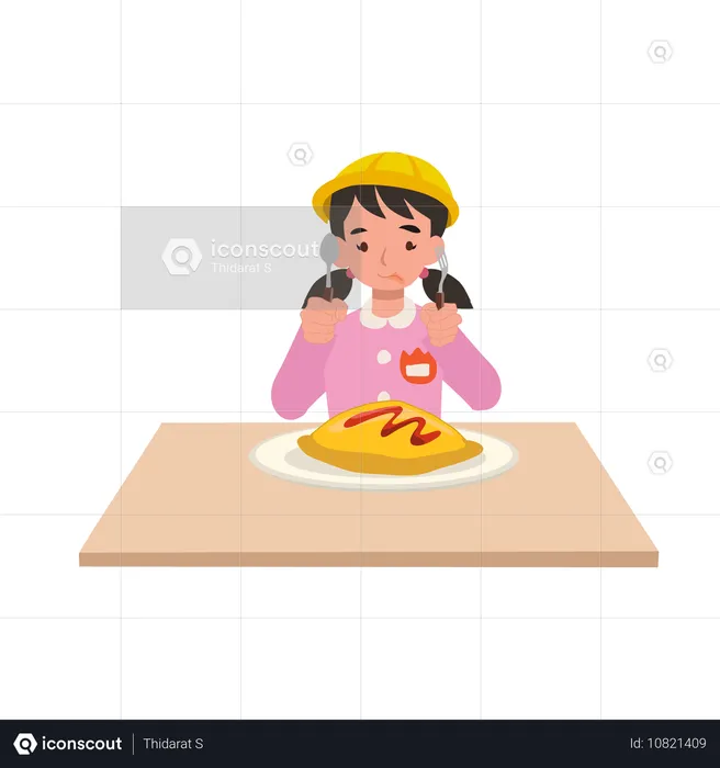 Menina japonesa do jardim de infância comendo arroz com ovo, arroz omu  Ilustração