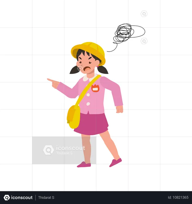 Menina irritada do jardim de infância em uniforme japonês, menina com humor frustrado e emocional  Ilustração