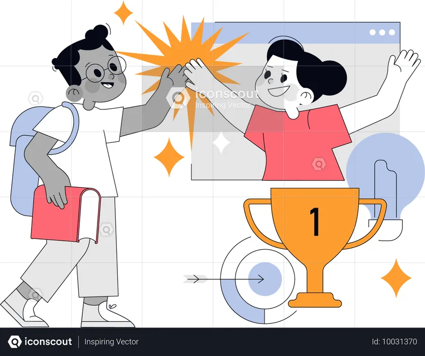 Menina e menino alcançando o troféu de educação  Ilustração