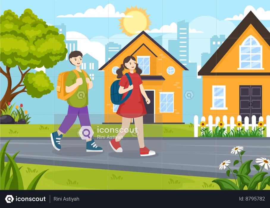 Menina e menino indo para casa depois da escola  Ilustração