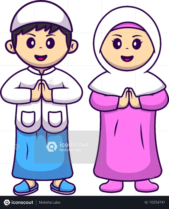 Menina e menino muçulmanos celebrando o Eid Mubarak  Ilustração