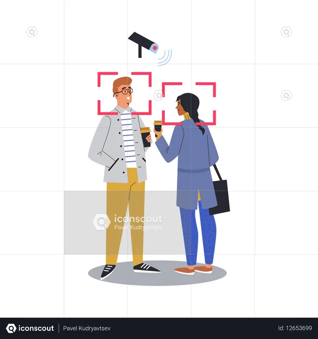 Menina e um homem perto da câmera de CFTV  Ilustração