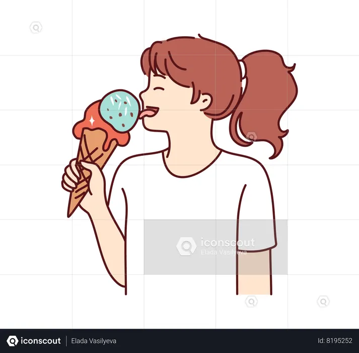 Menina em idade escolar lambe sorvete grande em casquinha de waffle  Ilustração