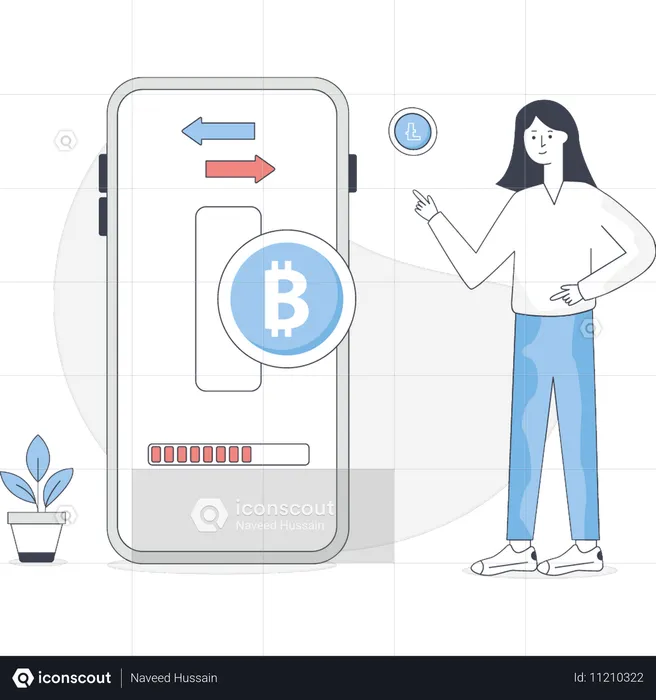 Menina está apontando para negociação de bitcoin  Ilustração