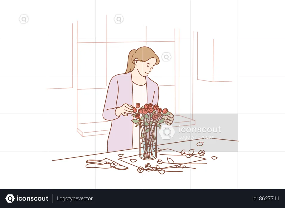 A menina está decorando o vaso de flores  Illustration