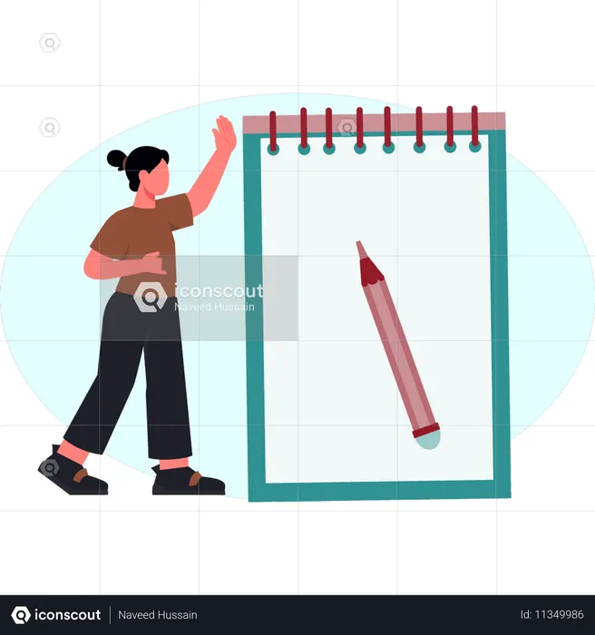 A menina está olhando para o papel da caneta  Ilustração