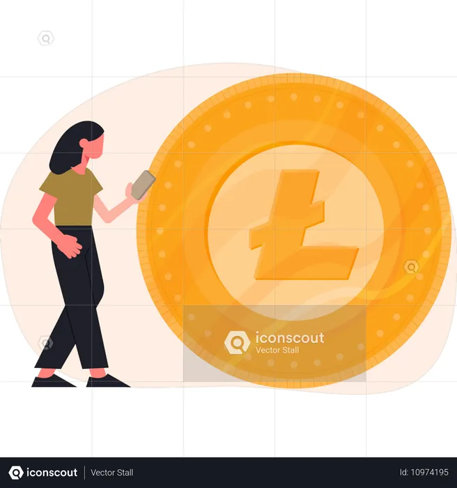 A menina está olhando para o litecoin  Ilustração