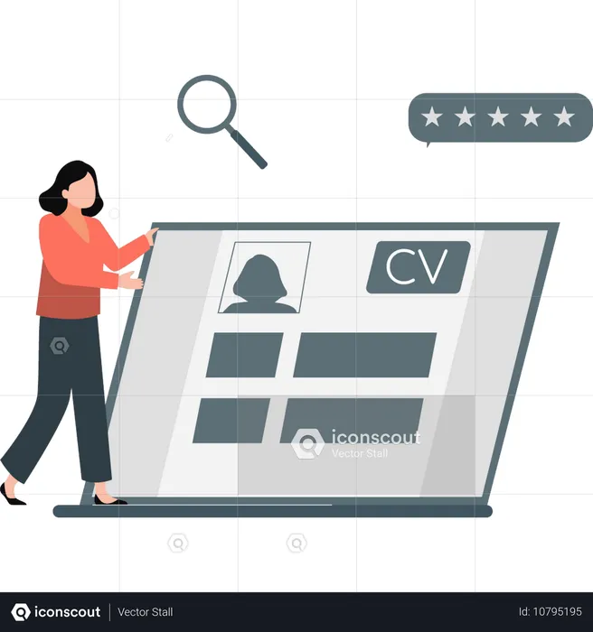 Menina está procurando CV online  Ilustração