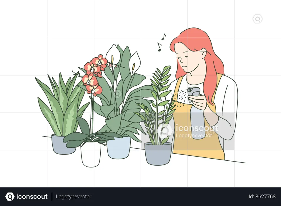 A menina está regando plantas de interior  Ilustração