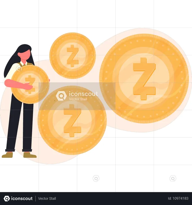 A menina está segurando uma moeda Zcash  Ilustração