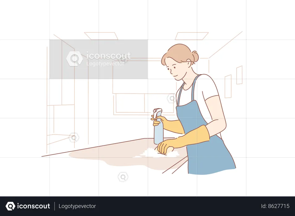 A menina está varrendo a plataforma da cozinha  Ilustração