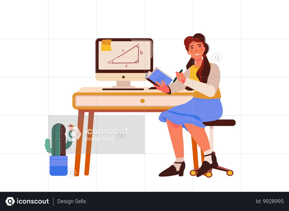 Menina estuda geometria em vídeo da Internet  Ilustração