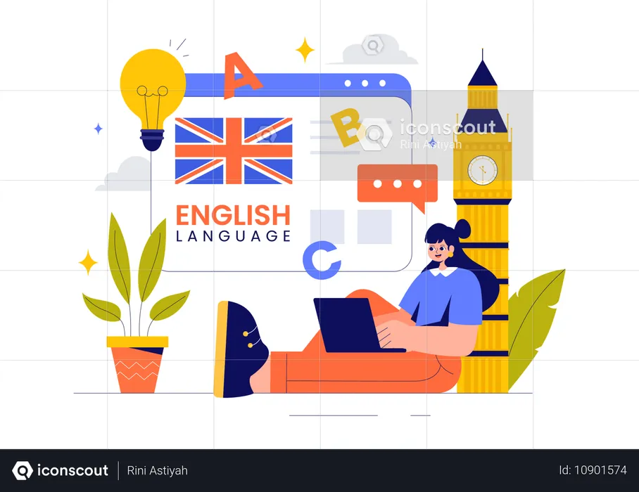 Menina estudando inglês online  Ilustração