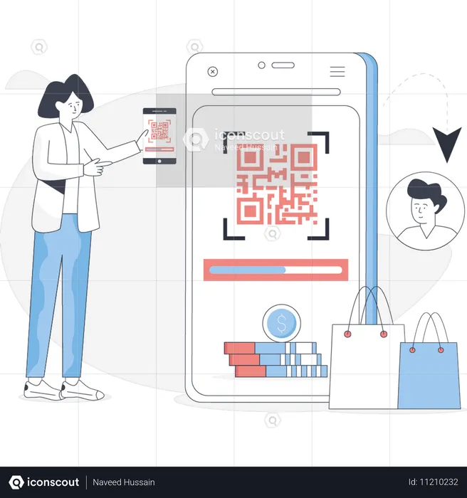 Menina está fazendo compras com scanner de código de barras  Ilustração