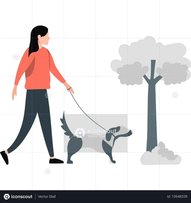 Menina fazendo caminhada matinal com seu cachorro  Ilustração