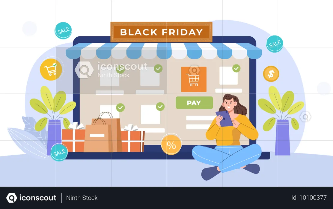 Menina fazendo compras na Black Friday  Ilustração