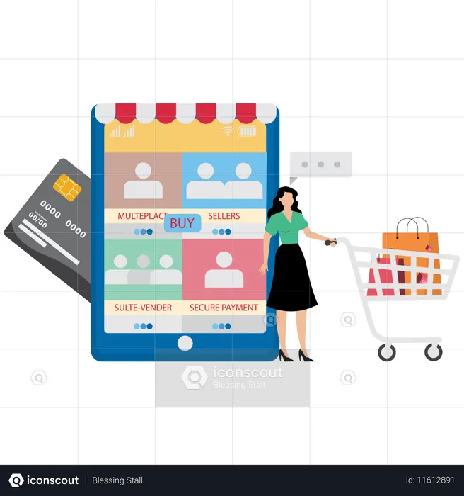 Menina fazendo compras no Marketplace  Ilustração