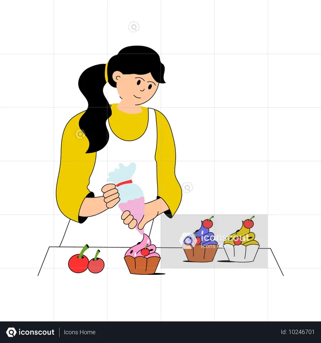 Menina fazendo cupcakes em casa  Ilustração