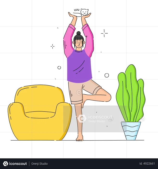 Menina fazendo ioga em casa segurando gato  Ilustração