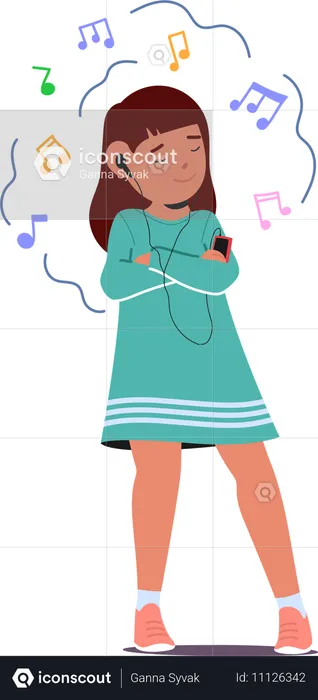 Menina feliz com fones de ouvido ouvindo música em seu dispositivo  Ilustração