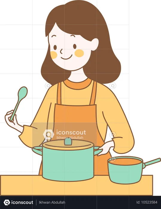 Linda garota cozinhando com panela na cozinha  Ilustração