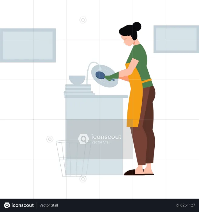 Menina lavando pratos  Ilustração