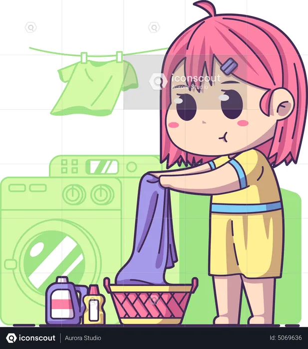 Menina lavando roupas  Ilustração