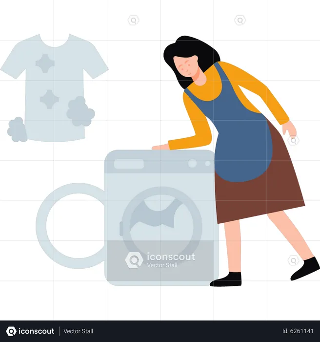 Menina lavando roupas na máquina  Ilustração