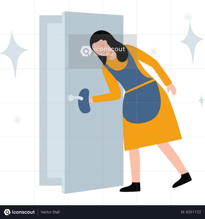 Menina limpando maçaneta da porta  Ilustração