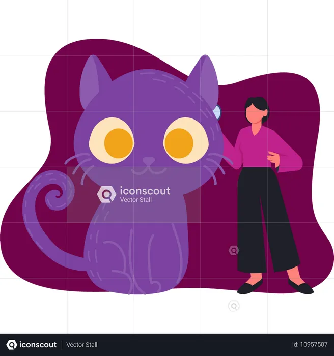 Menina mostrando gato roxo de halloween  Ilustração