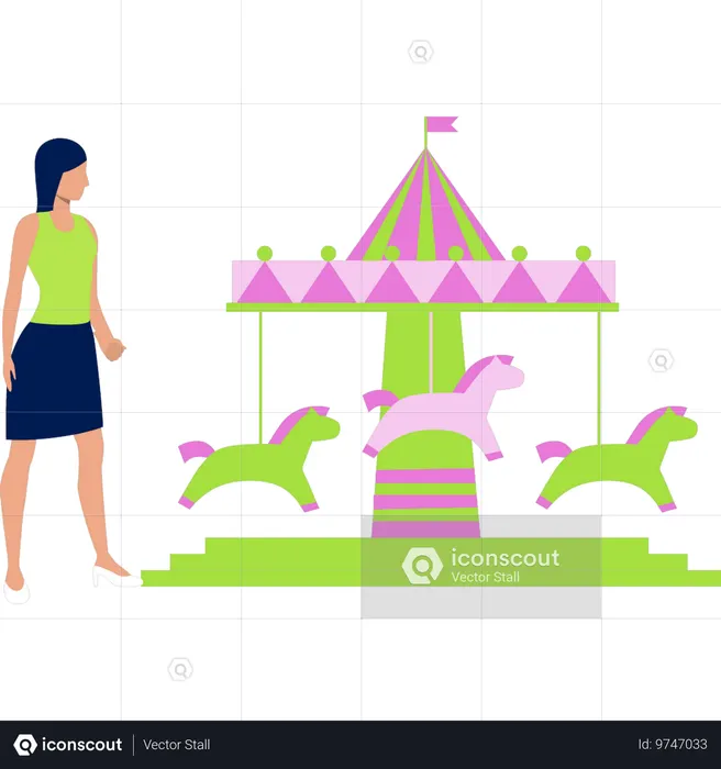 Menina observando crianças balançando a cavalo  Ilustração