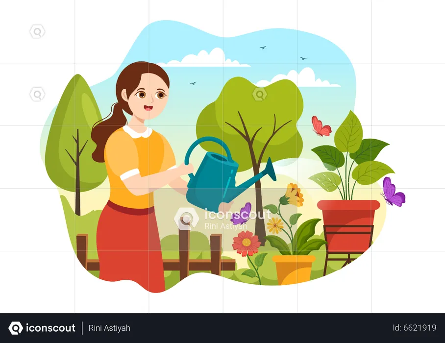 Menina regando flores  Ilustração