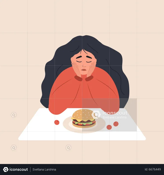 Menina se sentindo preocupada antes de comer comida  Ilustração