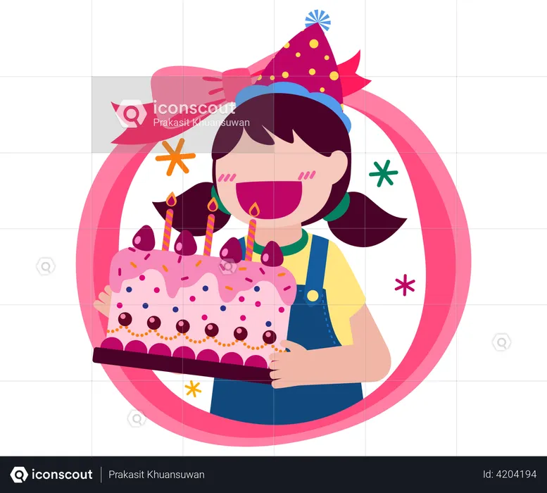 Menina segurando o bolo de aniversário  Ilustração