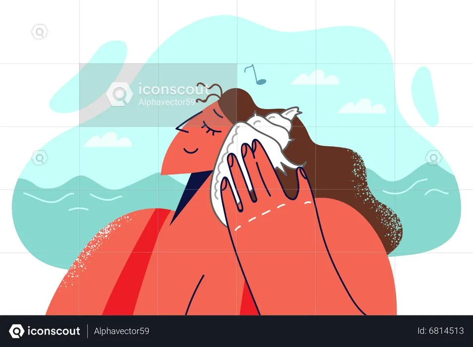 Menina segurando uma concha do mar  Ilustração