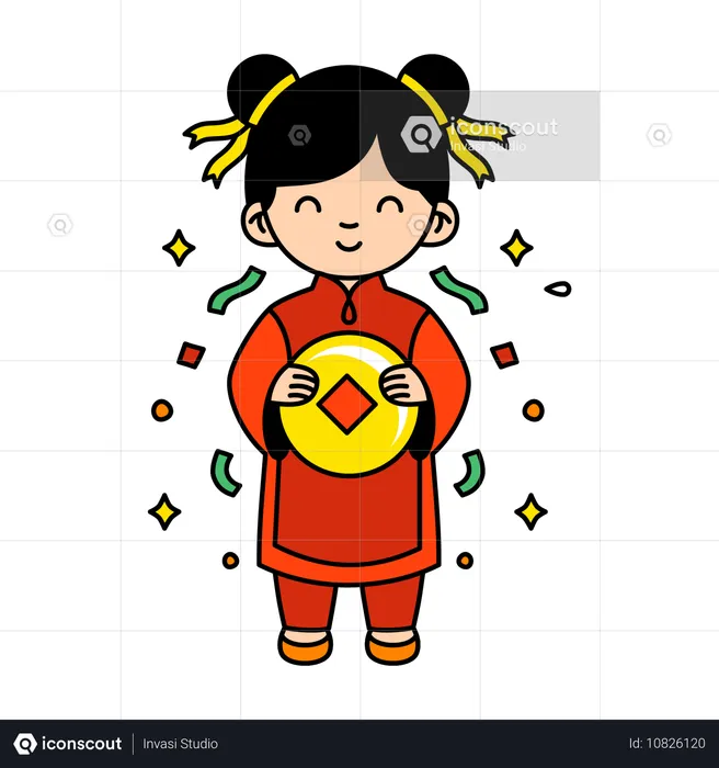 Menina segurando moeda chinesa  Ilustração