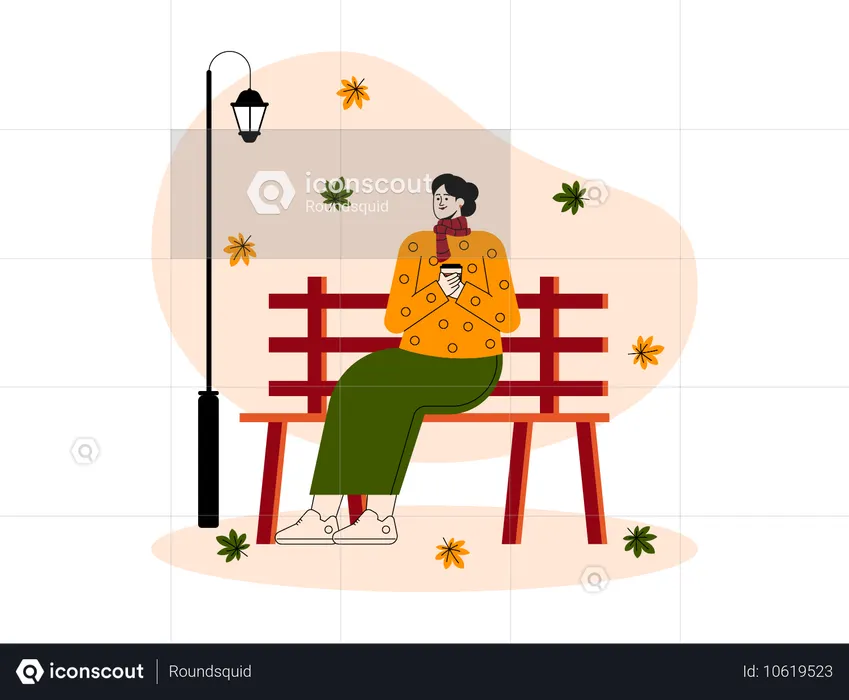 Menina sentada no banco do parque de outono  Ilustração