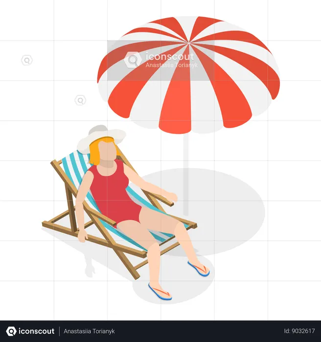 Menina sentada na cadeira na praia  Ilustração
