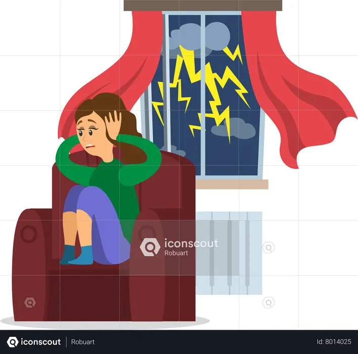 Menina cobre os ouvidos com as mãos sentada em casa enquanto chove lá fora  Ilustração