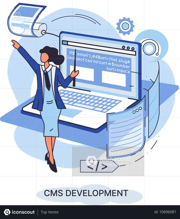 Menina trabalhando em software CMS  Ilustração